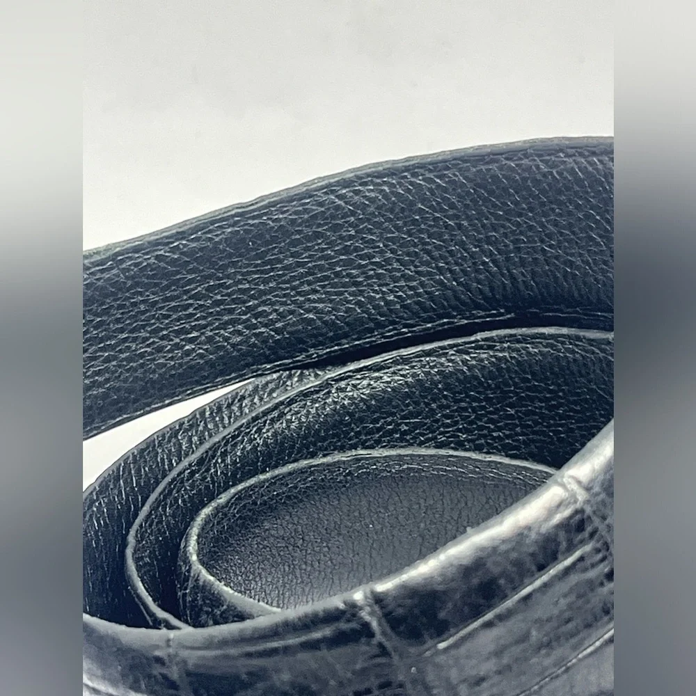 Stylish Black Croc-Embossed LEATHER Belt with Silver Buckle. DRESS BELT.